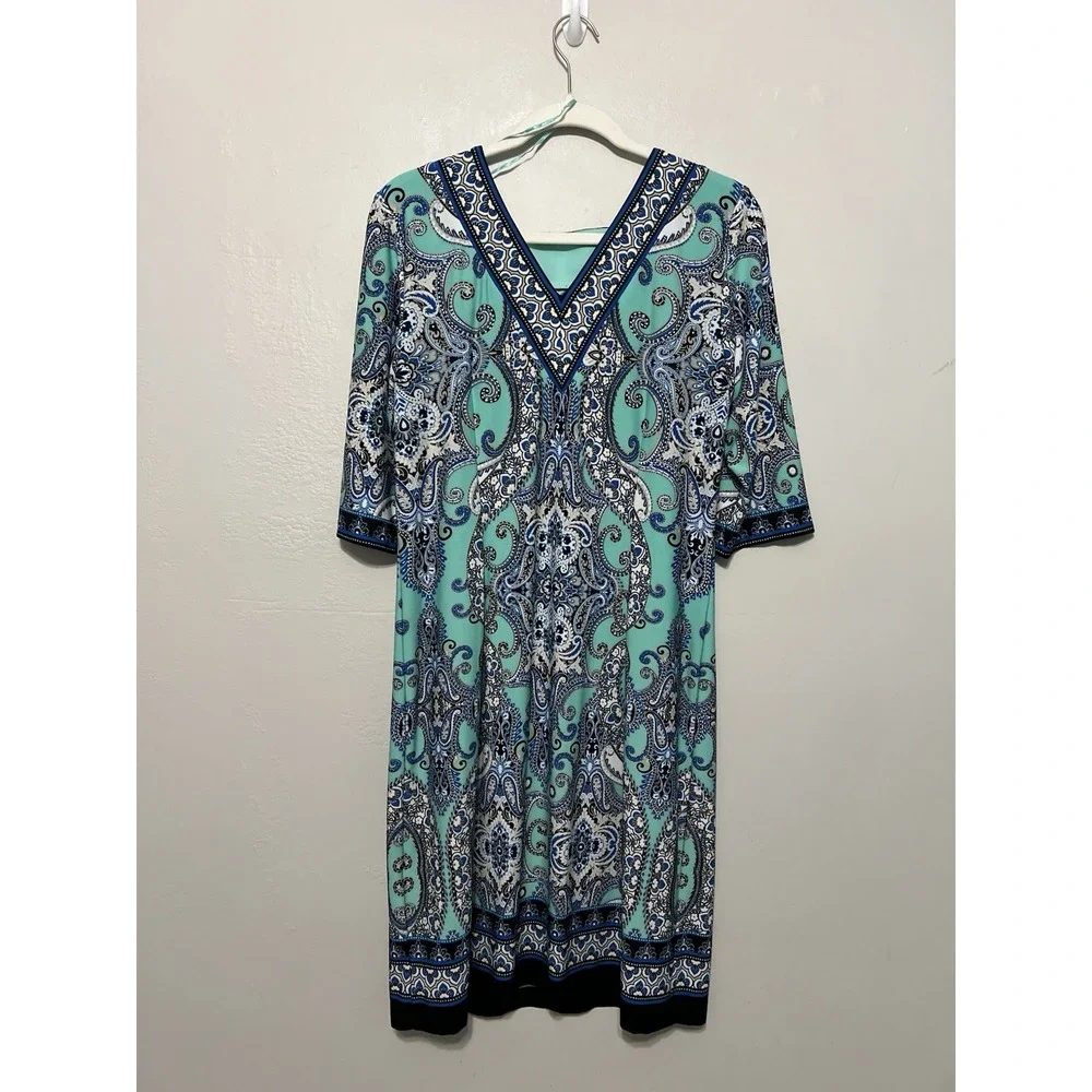 Teal Blue White Beige‎ Paisley Artsy Career Professional Office Dress L